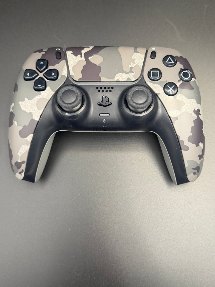 Front view of the exact Gray Camouflage PS5 DualSense controller, unit PS5-CMO-002