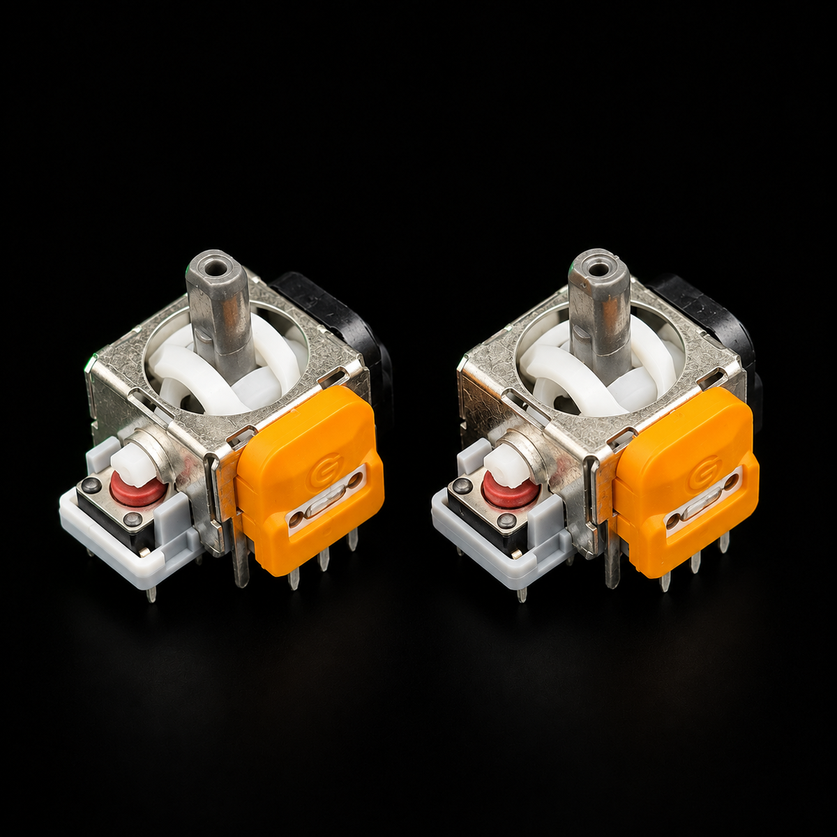 Hall Effect joystick modules installed inside an open controller