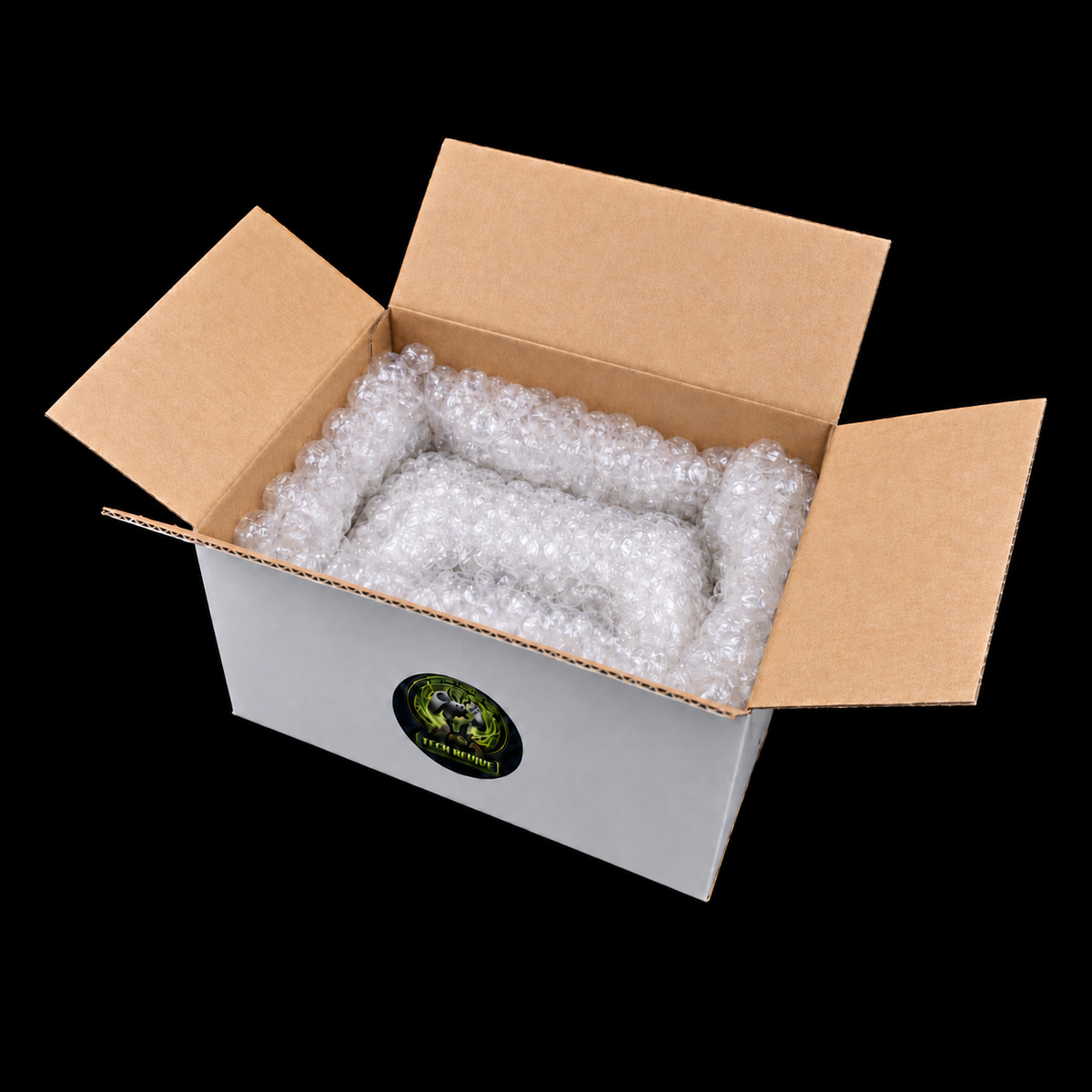 Branded TechRevive shipping box with a bubble-wrapped controller inside