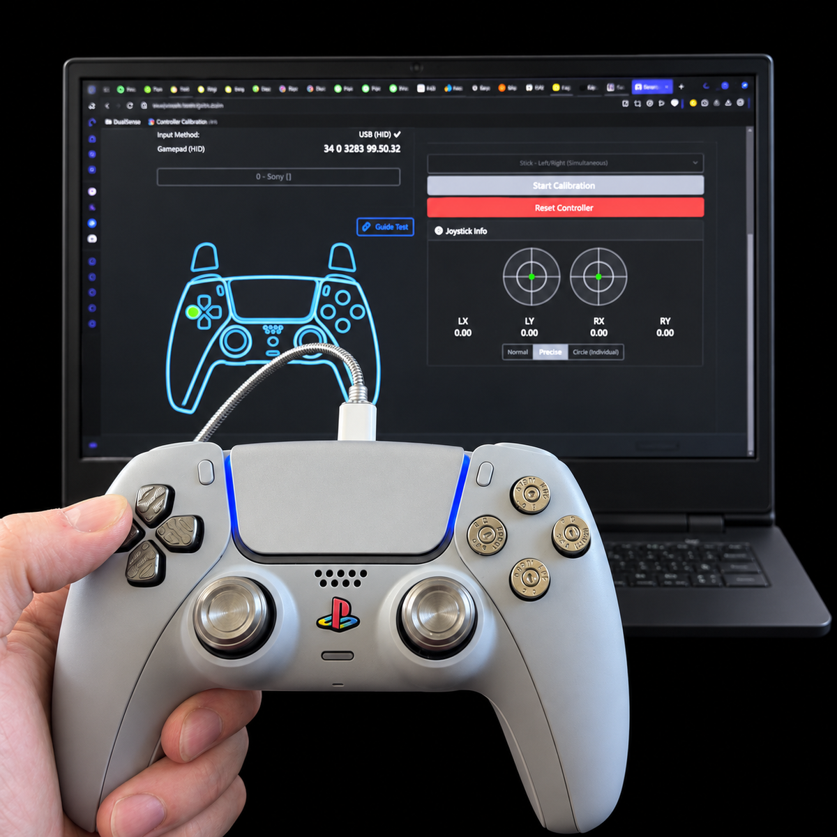 Repaired game controller connected to calibration and function testing software