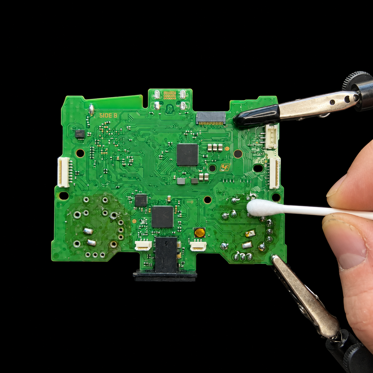 Dust and debris being cleaned from the inside of a game controller